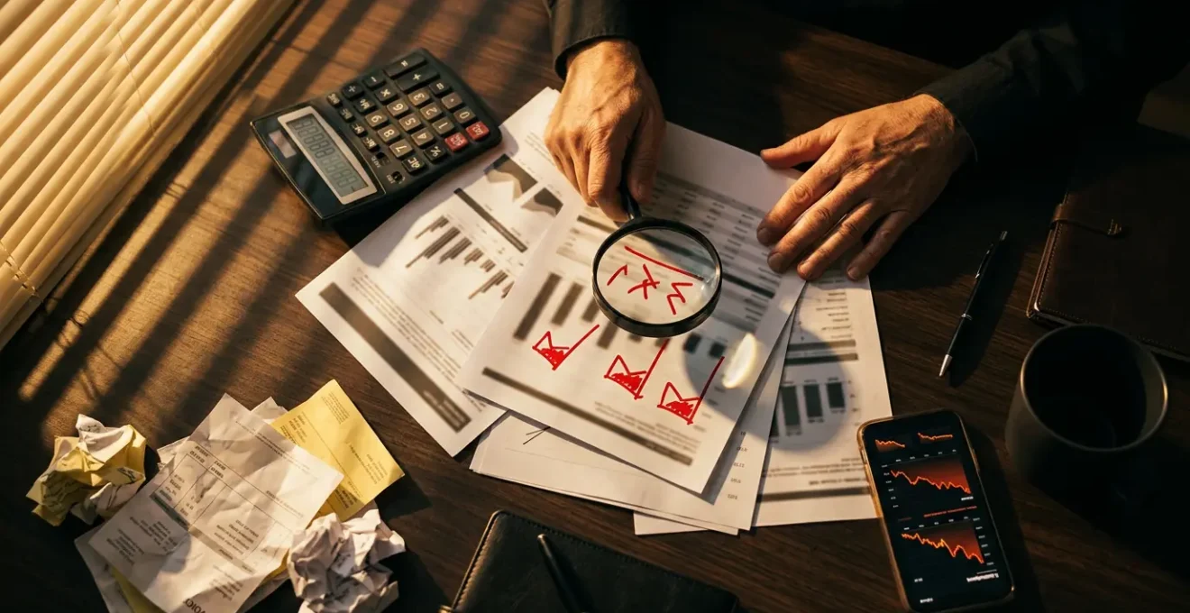 Entrepreneur analysant des données financières sur un bureau avec calculatrice et documents