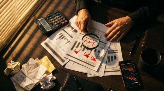 Entrepreneur analysant des données financières sur un bureau avec calculatrice et documents