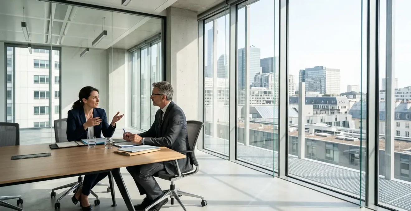 Réunion stratégique entre avocat et expert-comptable dans un bureau moderne