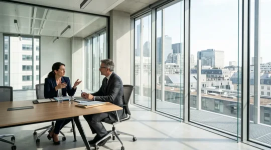 Réunion stratégique entre avocat et expert-comptable dans un bureau moderne