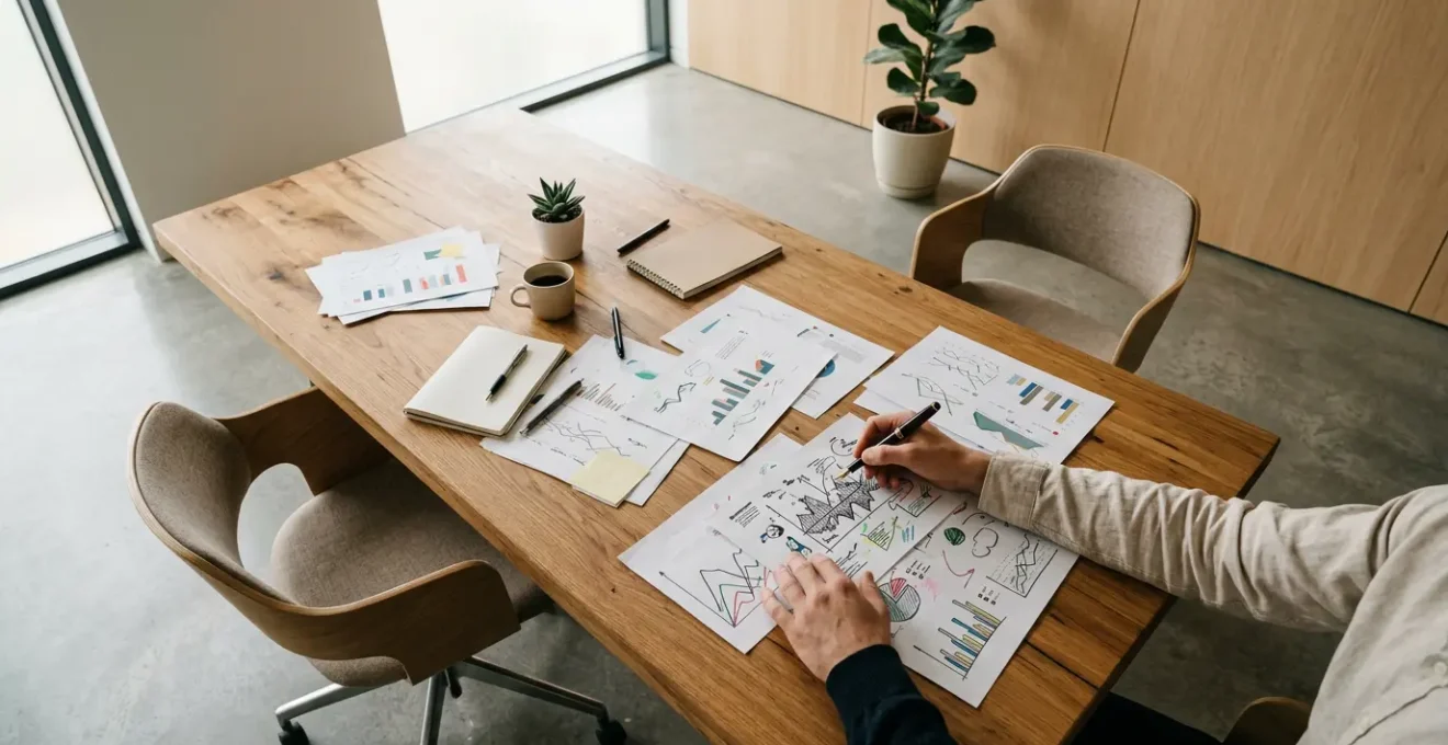 Vue d'ensemble d'un bureau stratégique avec documents de business plan et analyses financières