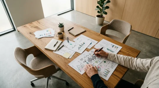 Vue d'ensemble d'un bureau stratégique avec documents de business plan et analyses financières