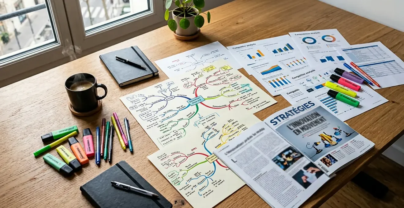 Vue aérienne d'un bureau stratégique avec cartes mentales et analyse concurrentielle