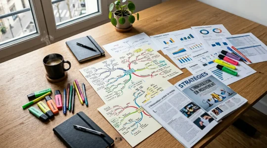 Vue aérienne d'un bureau stratégique avec cartes mentales et analyse concurrentielle