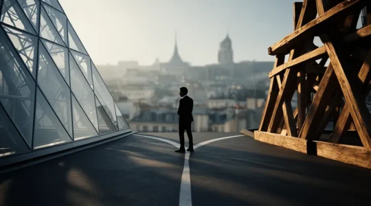 Scène représentant symboliquement le choix stratégique d'un statut juridique pour un entrepreneur français