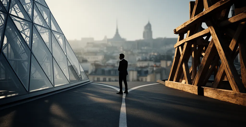 Scène représentant symboliquement le choix stratégique d'un statut juridique pour un entrepreneur français