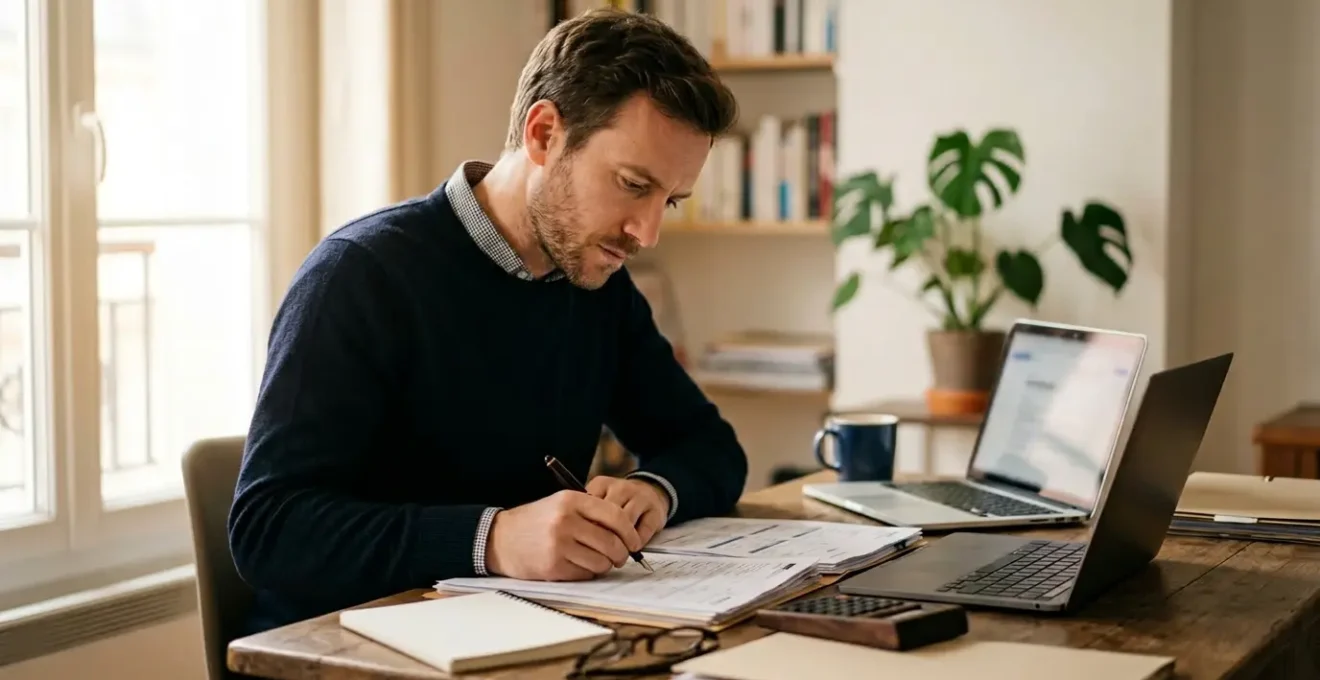 Entrepreneur français travaillant sur son ordinateur avec documents administratifs et calculatrice sur le bureau