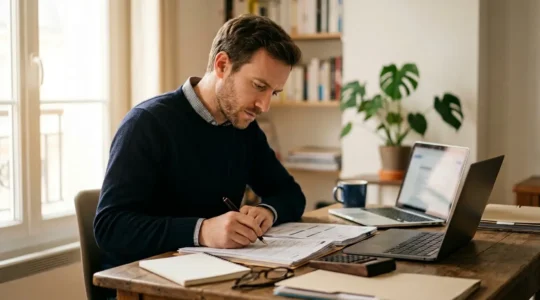 Entrepreneur français travaillant sur son ordinateur avec documents administratifs et calculatrice sur le bureau