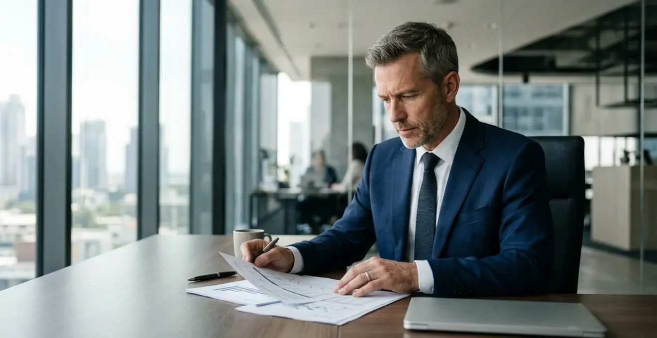 Portrait d'un dirigeant d'entreprise dans son bureau moderne, regardant des documents financiers avec une expression concentrée mais sereine