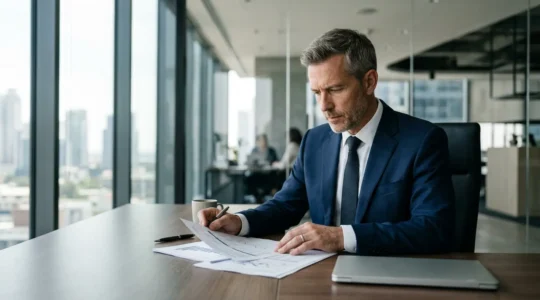 Portrait d'un dirigeant d'entreprise dans son bureau moderne, regardant des documents financiers avec une expression concentrée mais sereine