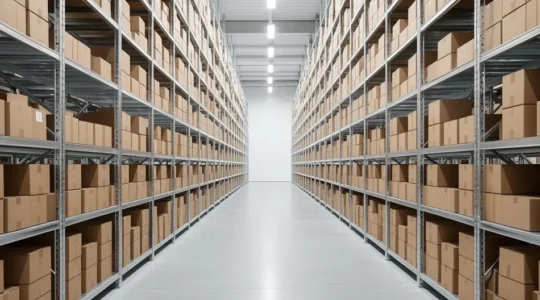 Vue d'un entrepôt moderne avec rayonnages et préparation de commandes e-commerce