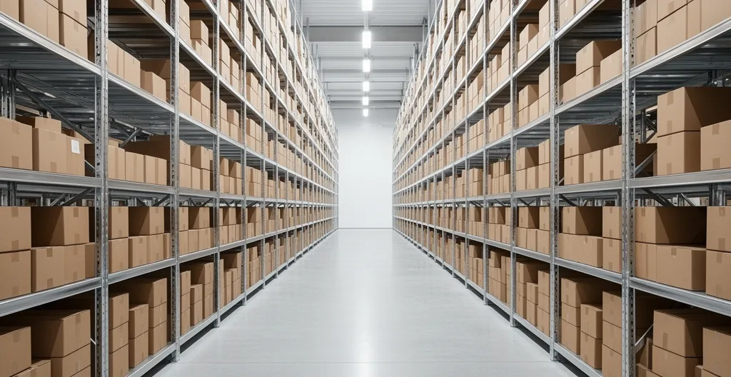 Vue d'un entrepôt moderne avec rayonnages et préparation de commandes e-commerce