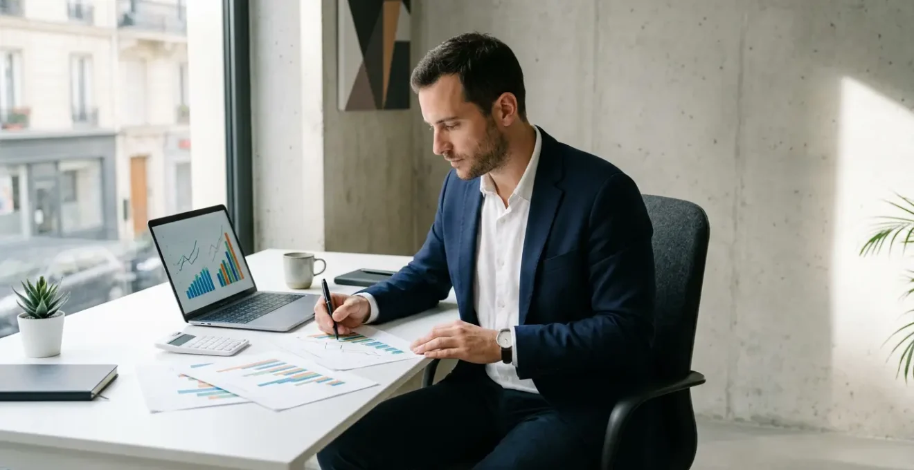 Entrepreneur analysant des graphiques de rentabilité dans son bureau avec calculatrice et ordinateur portable