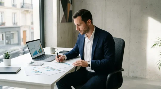 Entrepreneur analysant des graphiques de rentabilité dans son bureau avec calculatrice et ordinateur portable