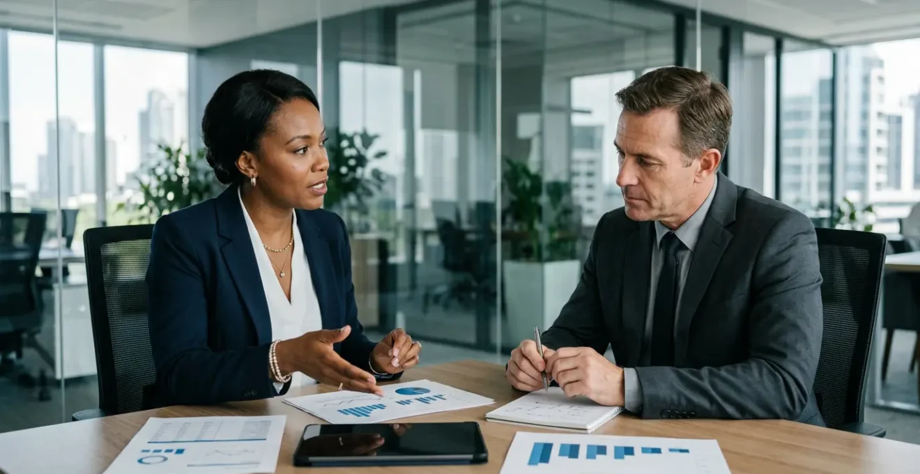 Entrepreneur présentant des documents financiers à un banquier dans un bureau professionnel