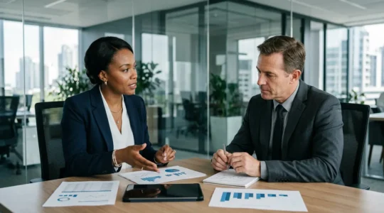 Entrepreneur présentant des documents financiers à un banquier dans un bureau professionnel