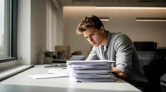 Entrepreneur dans un bureau moderne analysant des documents administratifs et fiscaux