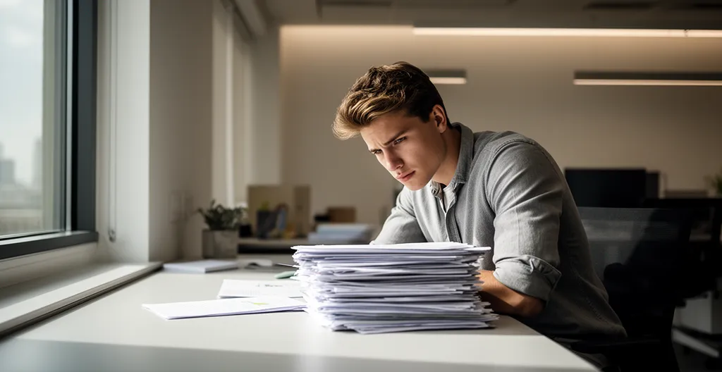 Entrepreneur dans un bureau moderne analysant des documents administratifs et fiscaux