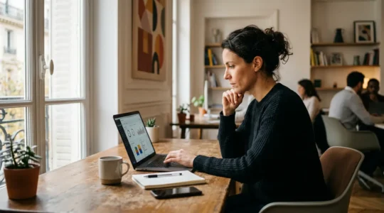 Entrepreneur créant une stratégie marketing digitale pour son e-commerce dans un environnement créatif moderne