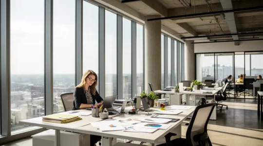 Entrepreneur travaillant sur son ordinateur portable avec documents d'entreprise et café dans un espace de coworking lumineux