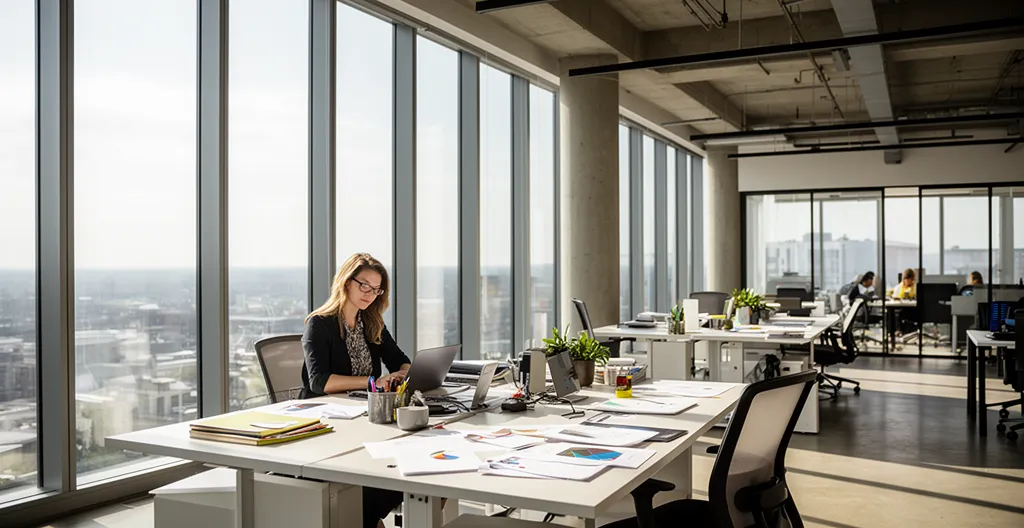 Entrepreneur travaillant sur son ordinateur portable avec documents d'entreprise et café dans un espace de coworking lumineux
