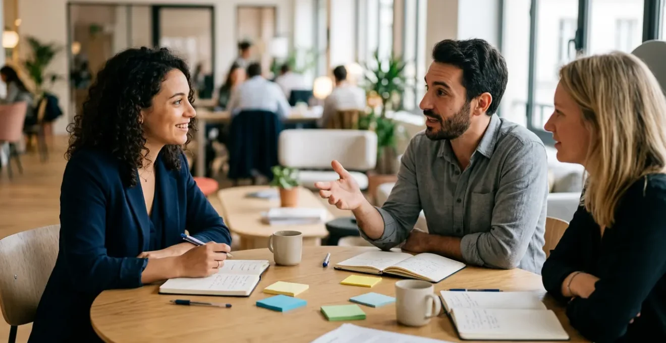 Entrepreneur analysant des données de marché et interagissant avec des clients potentiels dans un espace de coworking moderne