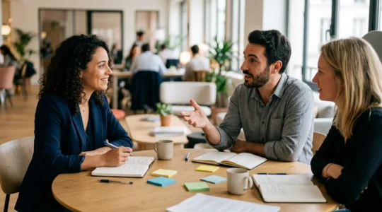 Entrepreneur analysant des données de marché et interagissant avec des clients potentiels dans un espace de coworking moderne
