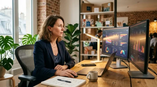 Entrepreneuse analysant des métriques de box par abonnement sur un tableau de bord dans un bureau moderne français