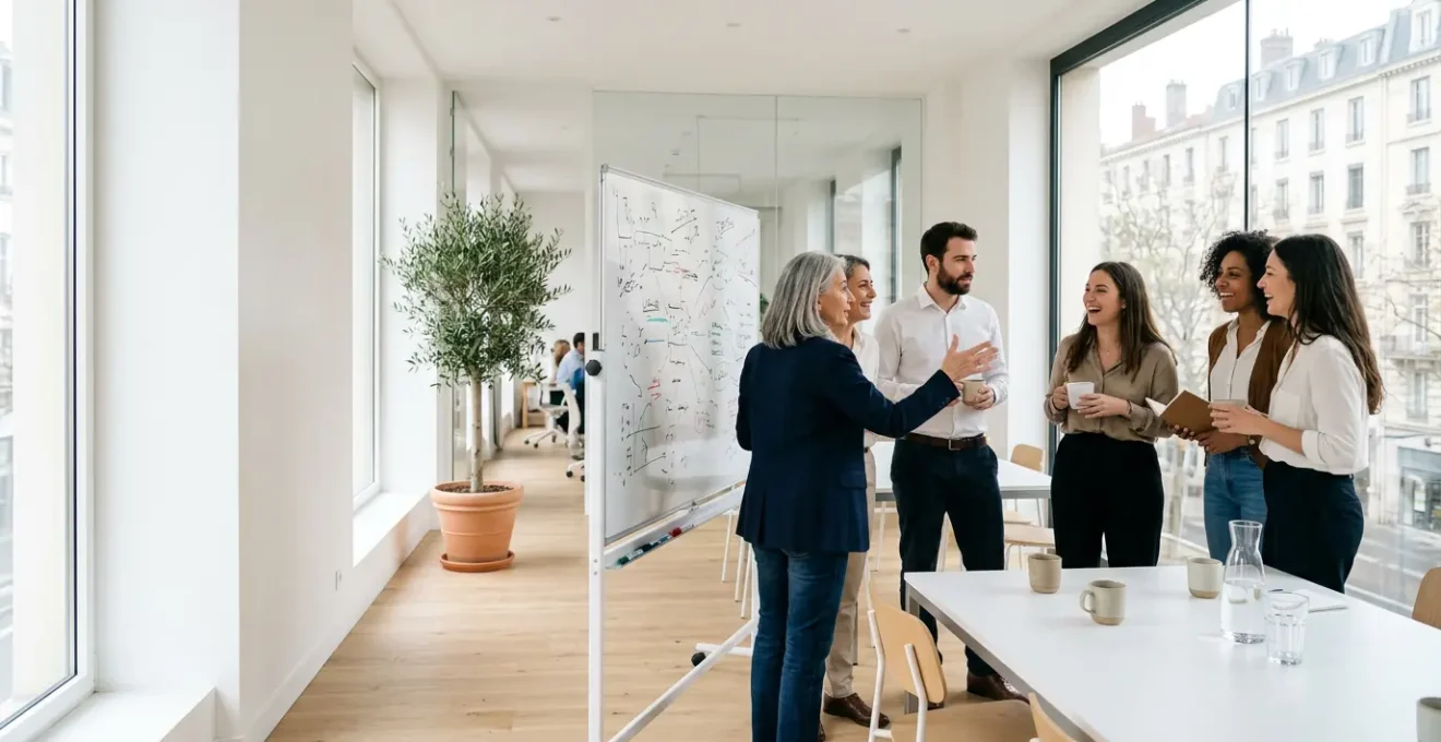 Équipe de PME française en réunion autour d'un tableau blanc lors d'une session de planification OKR