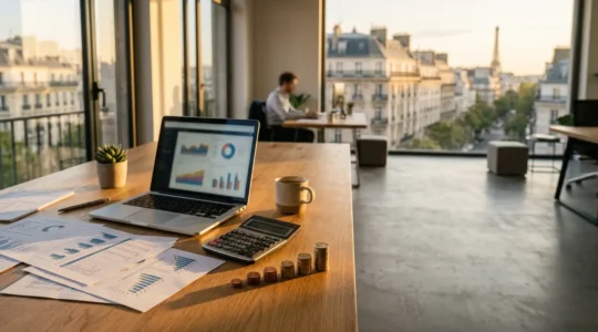 Bureau d'entreprise moderne avec calculatrices et documents financiers