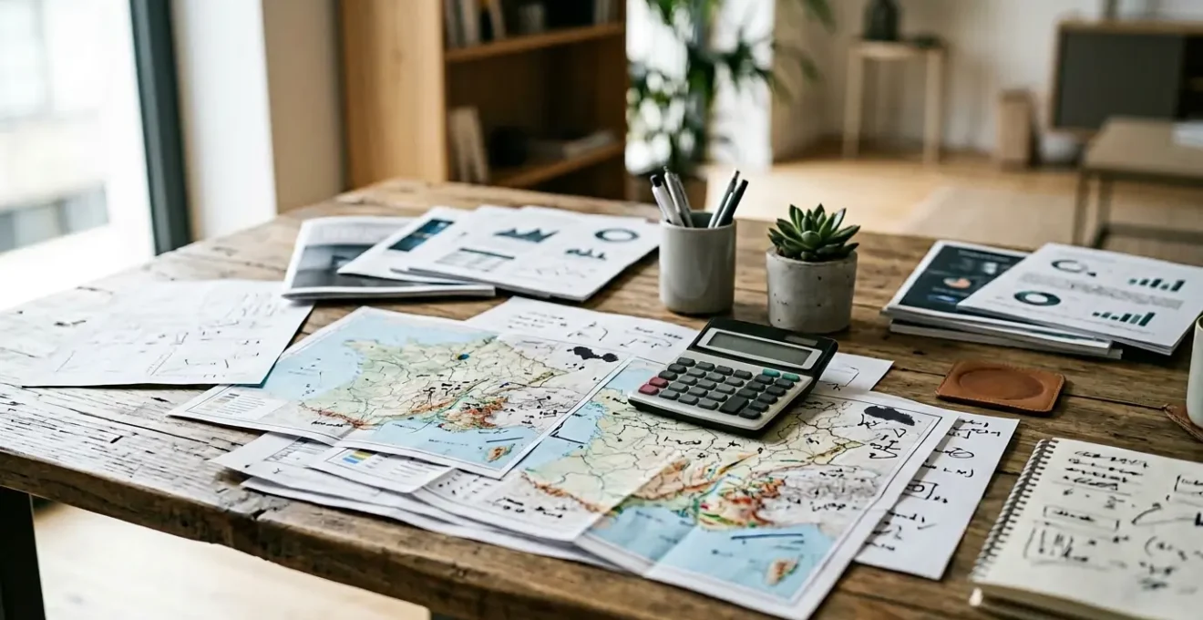Entrepreneur analysant des données de marché sur des documents avec une carte de France en arrière-plan