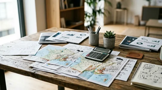 Entrepreneur analysant des données de marché sur des documents avec une carte de France en arrière-plan