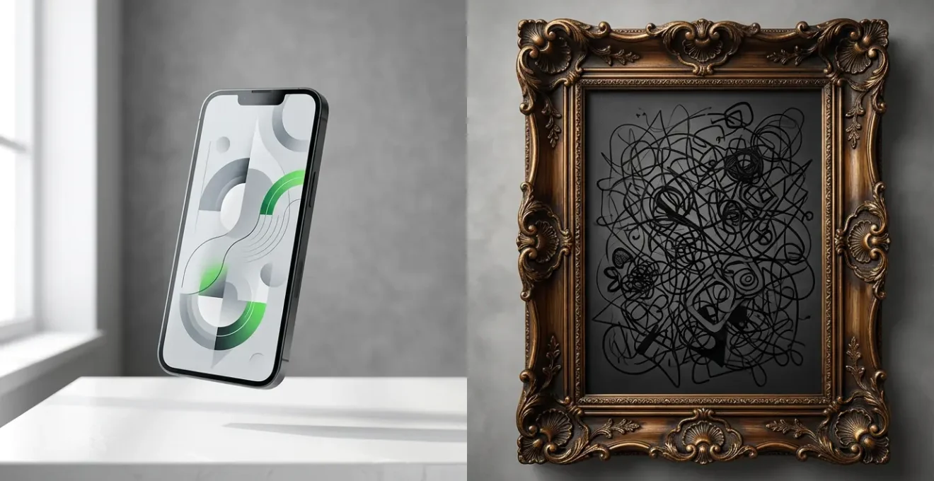 Comparaison métaphorique entre design minimaliste et design surchargé sur mobile