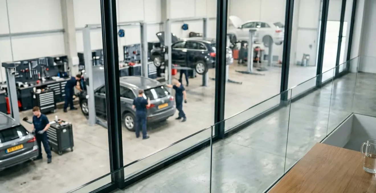 Un entrepreneur analyse des documents financiers dans un centre automobile moderne avec des mécaniciens travaillant en arrière-plan