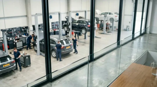 Un entrepreneur analyse des documents financiers dans un centre automobile moderne avec des mécaniciens travaillant en arrière-plan