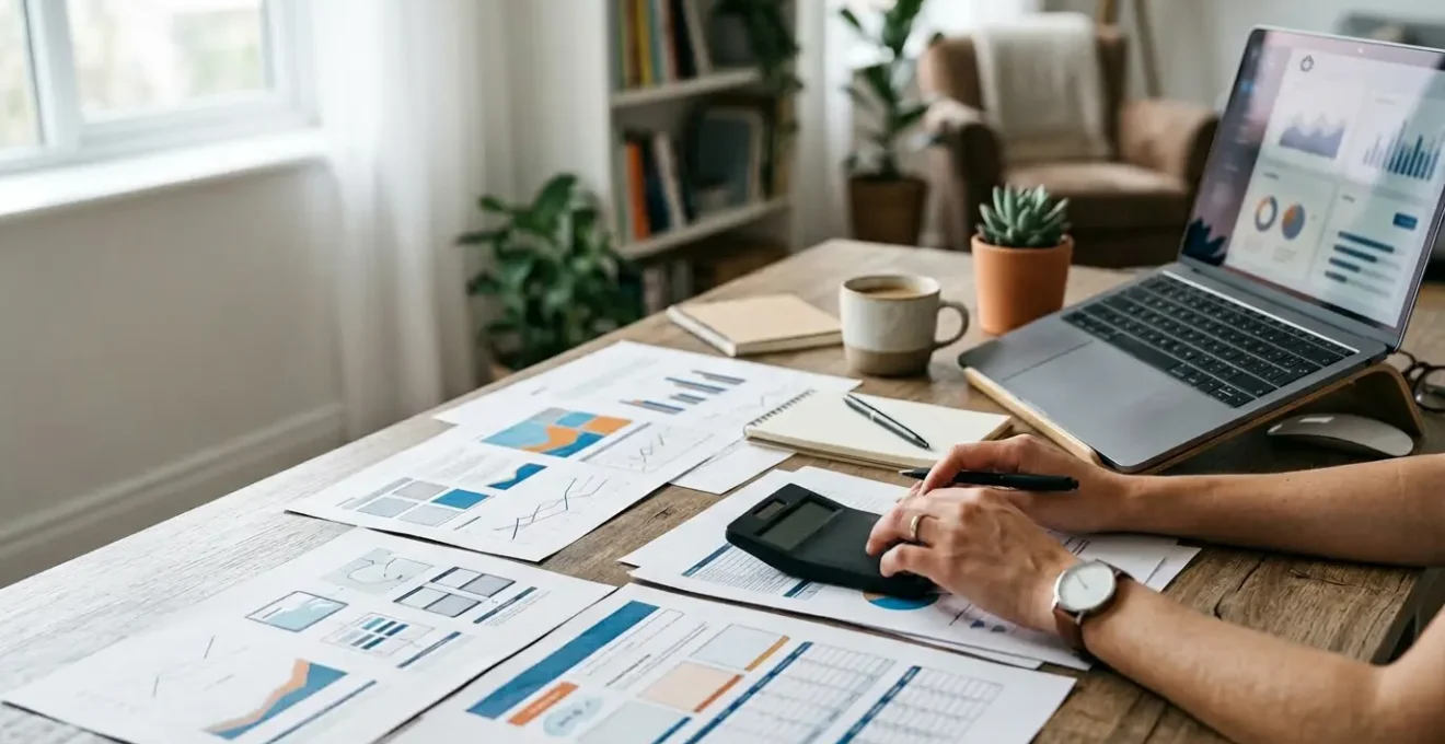 Freelance analysant ses finances avec calculatrice et graphiques de rentabilité sur un bureau moderne