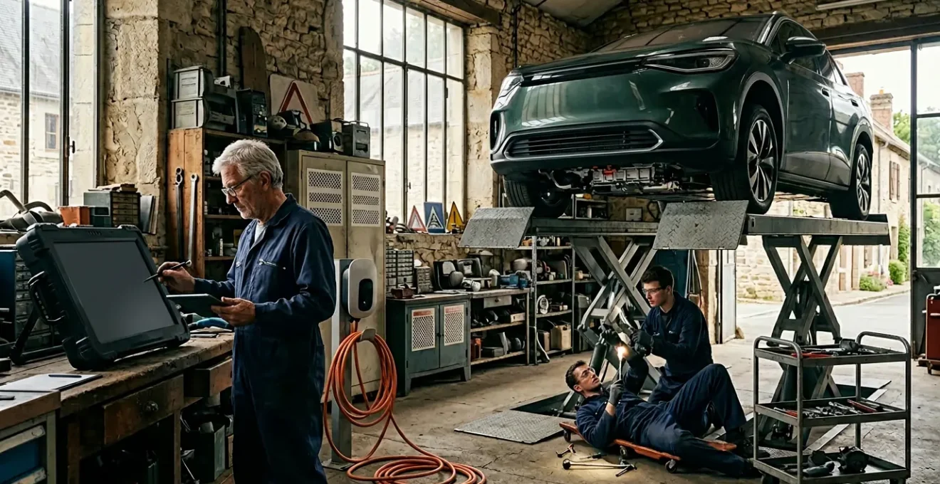 Mécanicien travaillant sur un pont élévateur avec une voiture électrique, outils diagnostiques modernes et éléments d'atelier traditionnel en arrière-plan