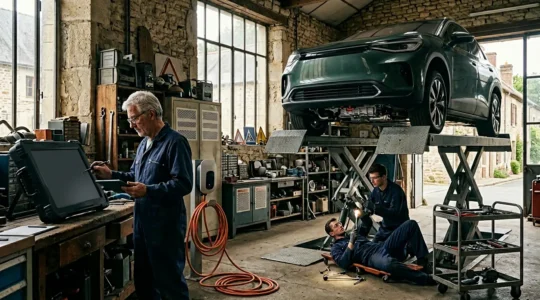 Mécanicien travaillant sur un pont élévateur avec une voiture électrique, outils diagnostiques modernes et éléments d'atelier traditionnel en arrière-plan
