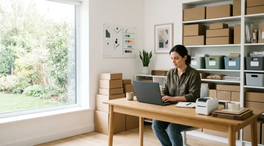 Entrepreneur solo gérant ses commandes e-commerce depuis son bureau