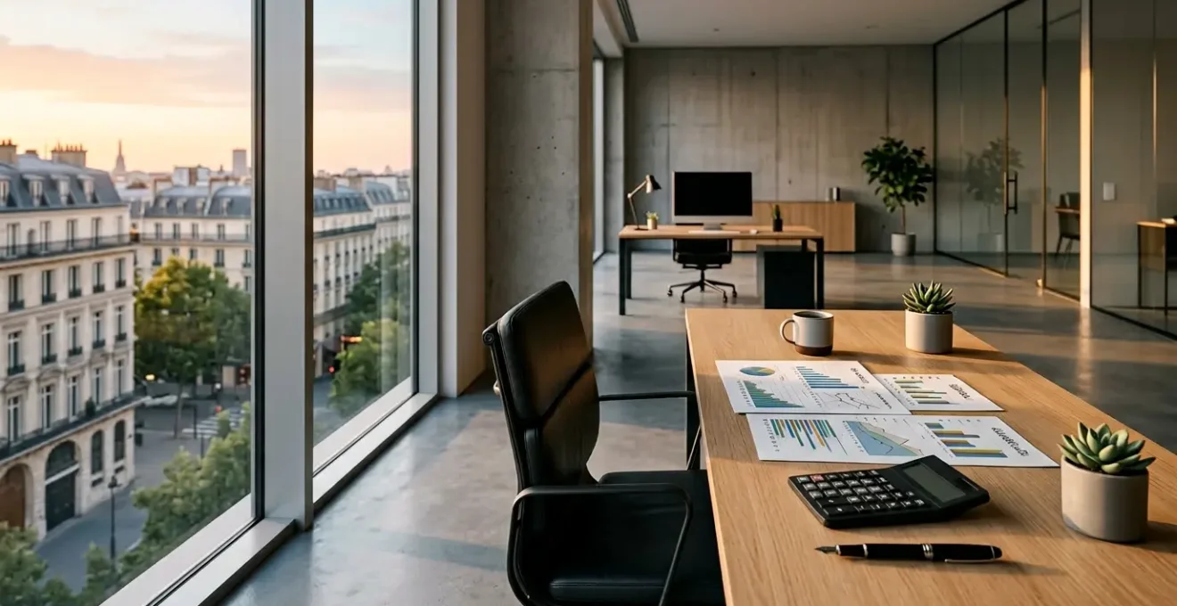 Vue d'un bureau moderne avec tableaux de bord financiers et outils de gestion de trésorerie