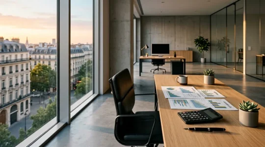 Vue d'un bureau moderne avec tableaux de bord financiers et outils de gestion de trésorerie