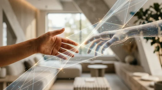 Interaction authentique entre un conseiller client et un client dans un environnement moderne mêlant digital et humain