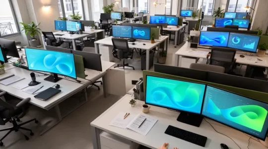 Vue aérienne d'un bureau moderne avec tableaux de bord et graphiques de performance affichés sur plusieurs écrans