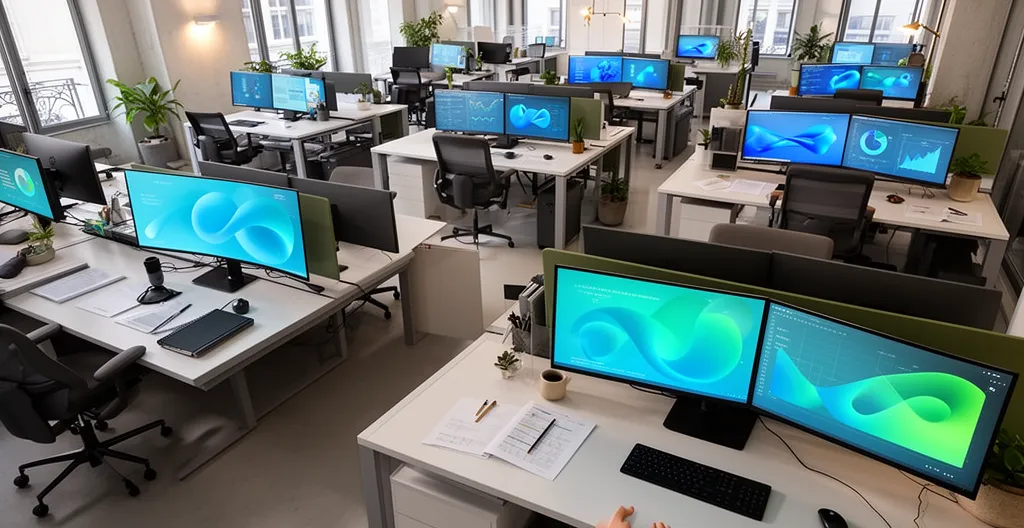 Vue aérienne d'un bureau moderne avec tableaux de bord et graphiques de performance affichés sur plusieurs écrans