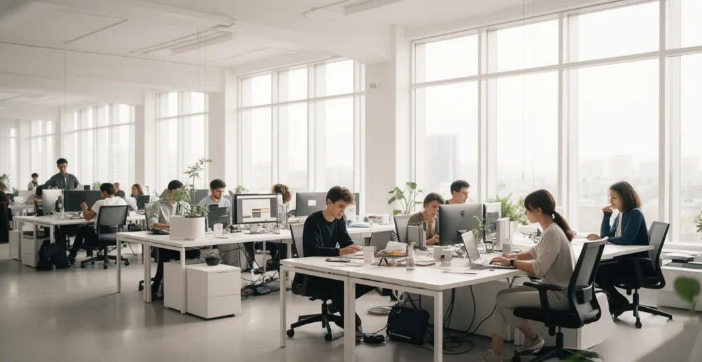 Un jeune professionnel de la génération Z travaillant de manière autonome dans un espace de travail collaboratif moderne