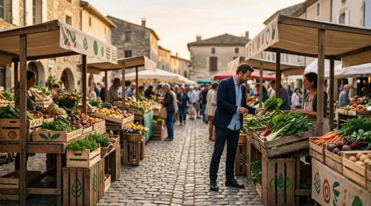 Entrepreneur analysant des produits bio dans un marché français avec légumes certifiés AB