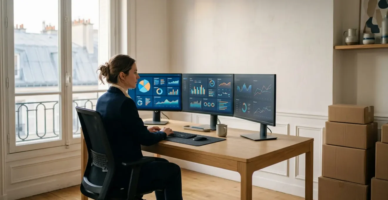 Entrepreneur devant tableau de bord e-commerce professionnel avec éléments logistiques et financiers