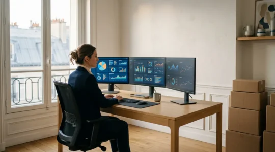 Entrepreneur devant tableau de bord e-commerce professionnel avec éléments logistiques et financiers