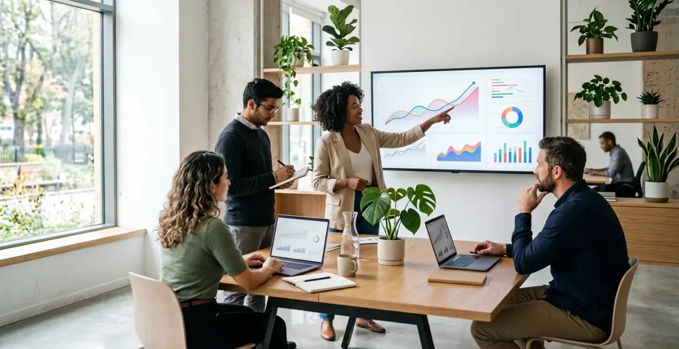 Entrepreneurs analysant des courbes de revenus récurrents sur des écrans dans un espace de travail moderne