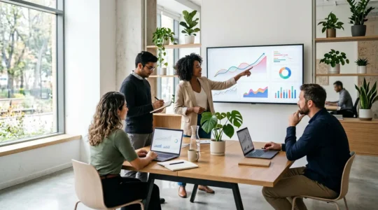 Entrepreneurs analysant des courbes de revenus récurrents sur des écrans dans un espace de travail moderne